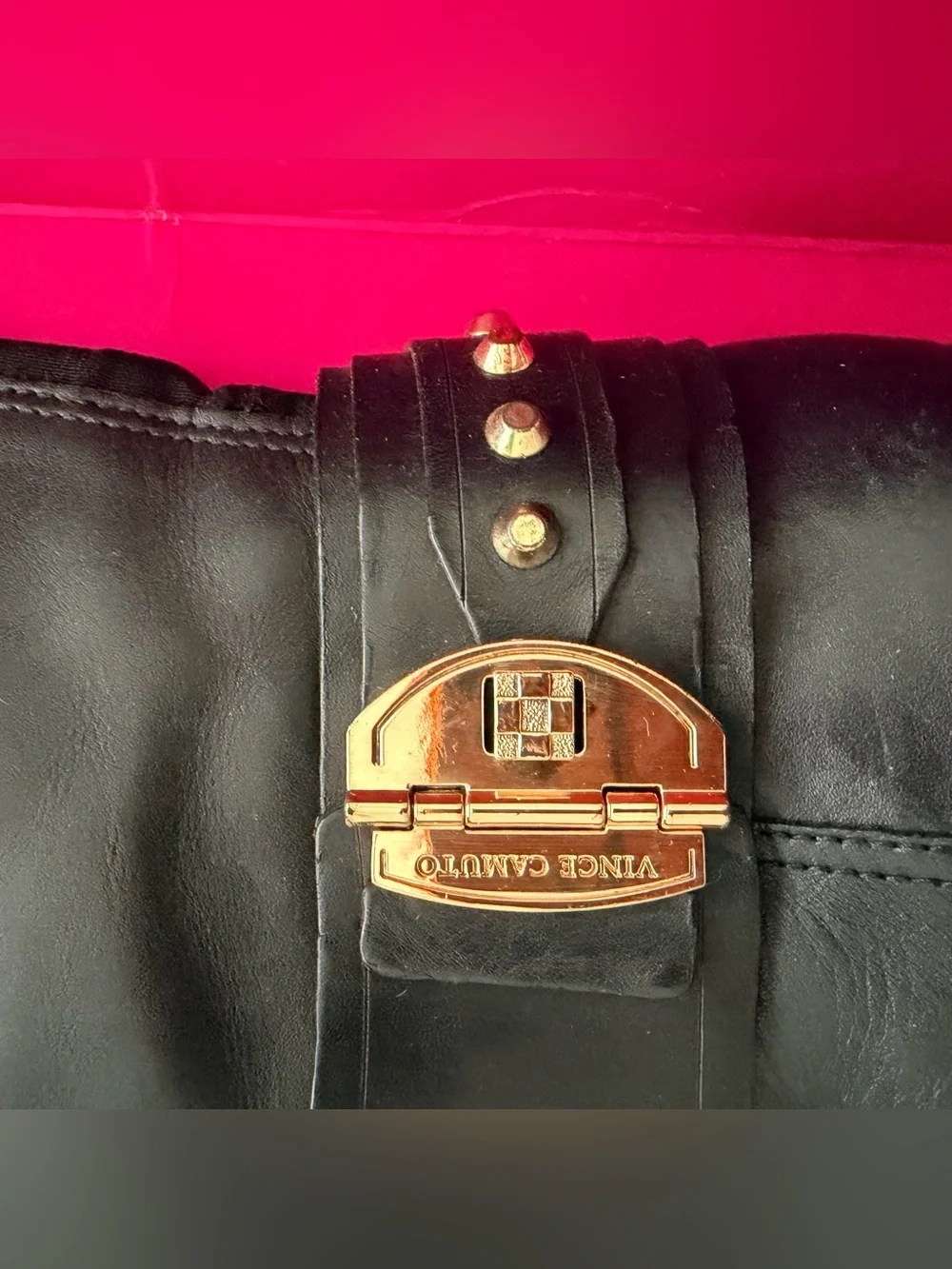 Vince Camuto Beatrix Black Leather Over-the-Knee Boots with Gold Studs & Buckle